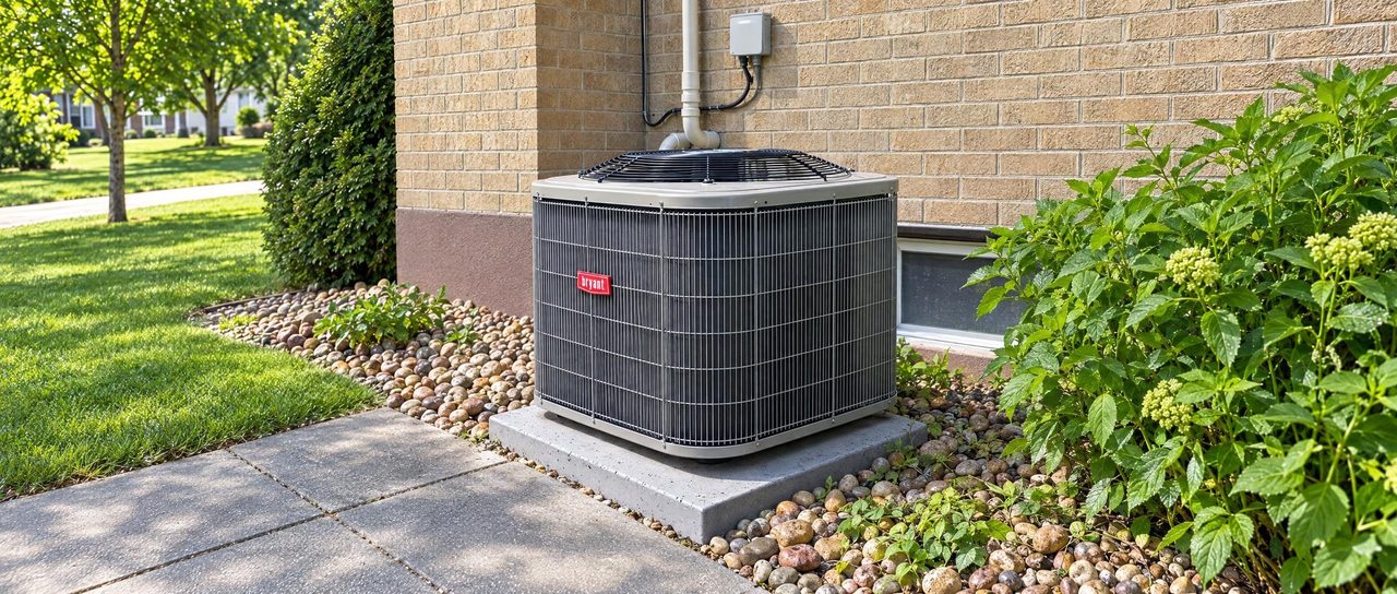 Outdoor condenser beside a house.